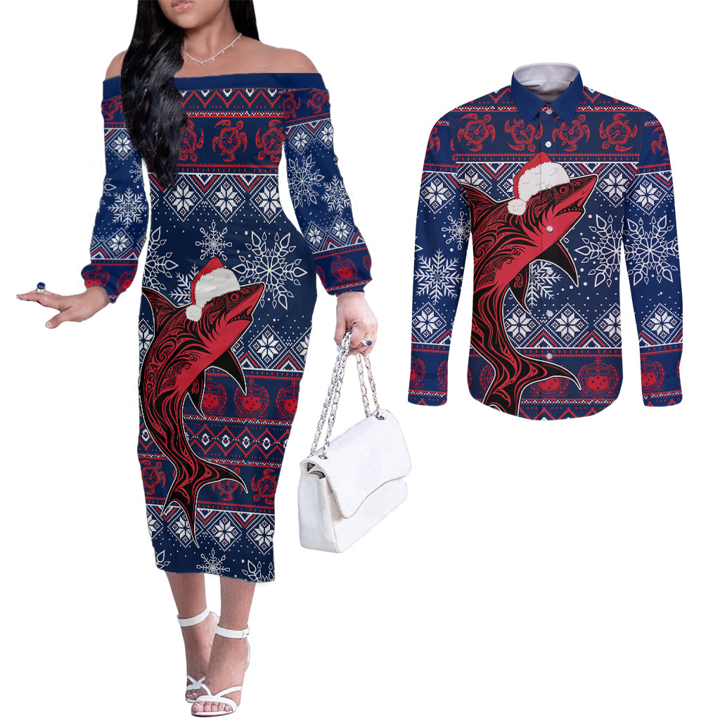 Samoa Manuia Le Kirisimasi Couples Matching Off The Shoulder Long Sleeve Dress and Long Sleeve Button Shirts Samoan Fishing Tribal Pattern Christmas Vibe LT9 Red - Polynesian Pride