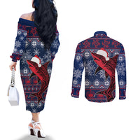 Samoa Manuia Le Kirisimasi Couples Matching Off The Shoulder Long Sleeve Dress and Long Sleeve Button Shirts Samoan Fishing Tribal Pattern Christmas Vibe LT9 - Polynesian Pride