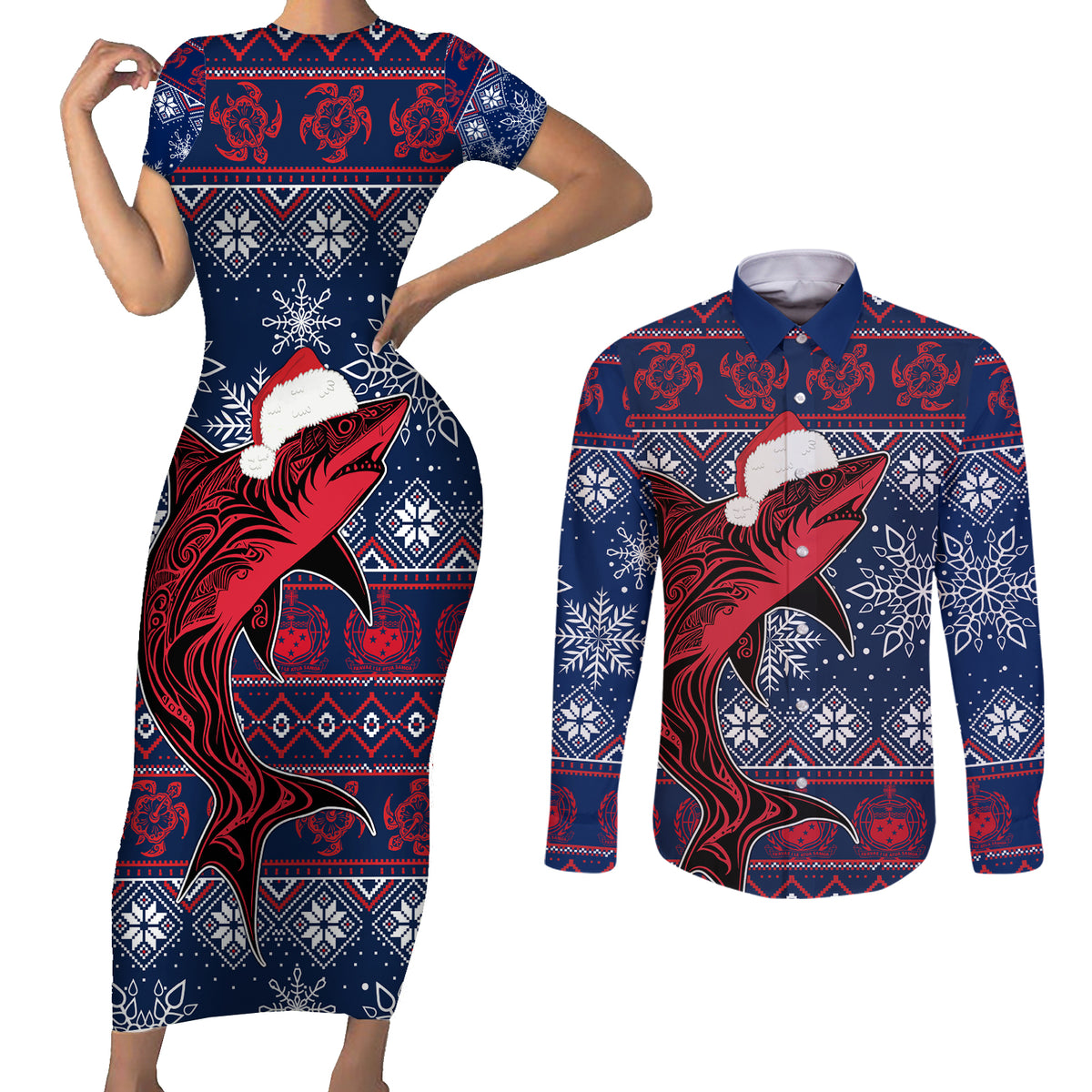 Samoa Manuia Le Kirisimasi Couples Matching Short Sleeve Bodycon Dress and Long Sleeve Button Shirts Samoan Fishing Tribal Pattern Christmas Vibe LT9 Red - Polynesian Pride