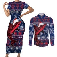 Samoa Manuia Le Kirisimasi Couples Matching Short Sleeve Bodycon Dress and Long Sleeve Button Shirts Samoan Fishing Tribal Pattern Christmas Vibe LT9 Red - Polynesian Pride