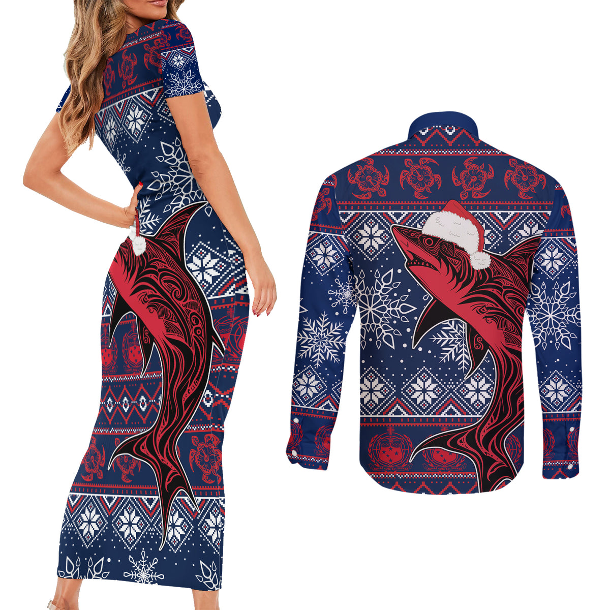 Samoa Manuia Le Kirisimasi Couples Matching Short Sleeve Bodycon Dress and Long Sleeve Button Shirts Samoan Fishing Tribal Pattern Christmas Vibe LT9 - Polynesian Pride