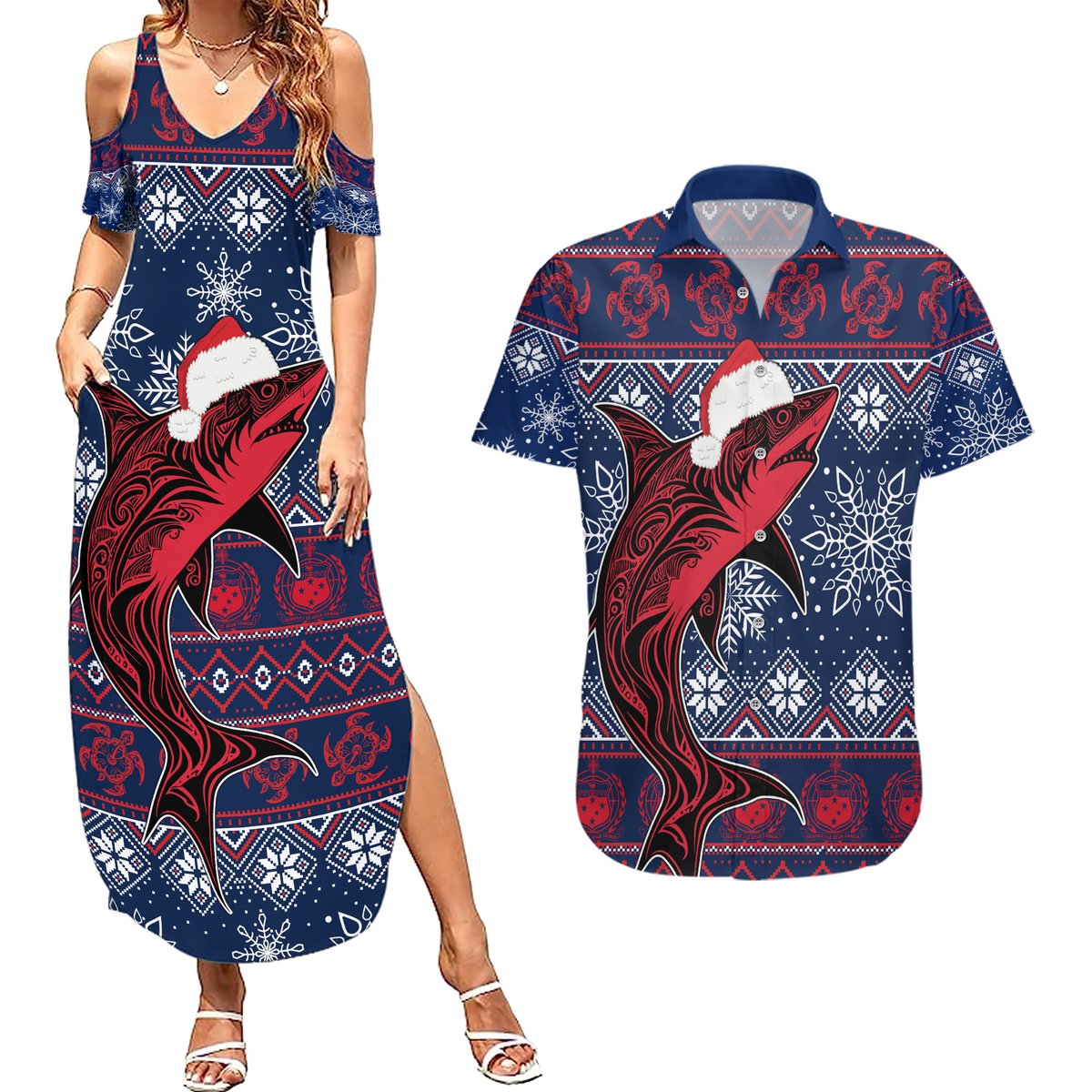 Samoa Manuia Le Kirisimasi Couples Matching Summer Maxi Dress and Hawaiian Shirt Samoan Fishing Tribal Pattern Christmas Vibe LT9 Red - Polynesian Pride