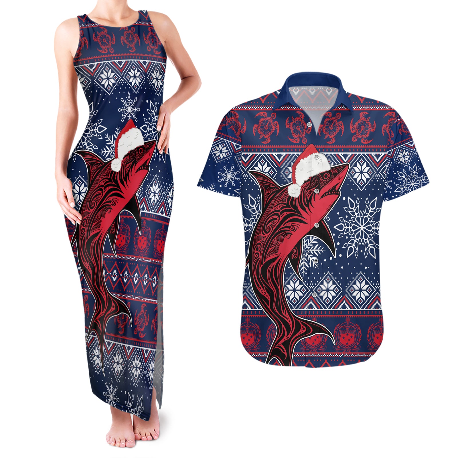 samoa-manuia-le-kirisimasi-couples-matching-tank-maxi-dress-and-hawaiian-shirt-samoan-fishing-tribal-pattern-christmas-vibe