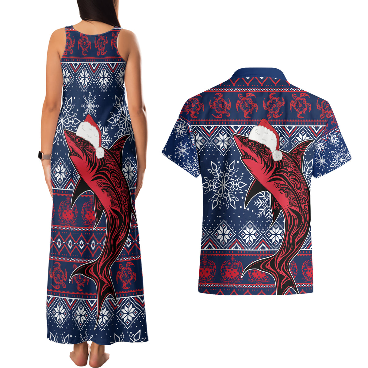 Samoa Manuia Le Kirisimasi Couples Matching Tank Maxi Dress and Hawaiian Shirt Samoan Fishing Tribal Pattern Christmas Vibe LT9 - Polynesian Pride