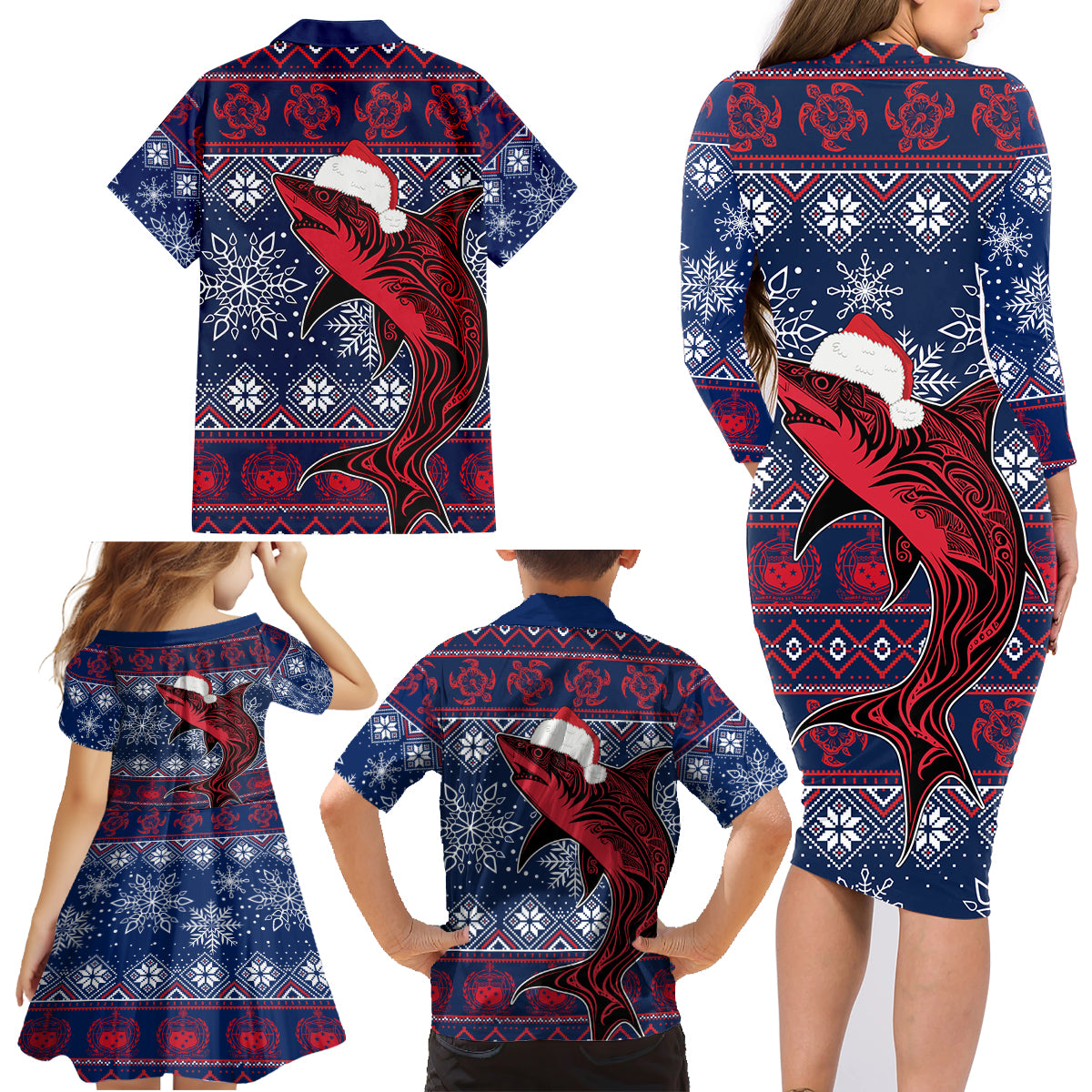 Samoa Manuia Le Kirisimasi Family Matching Long Sleeve Bodycon Dress and Hawaiian Shirt Samoan Fishing Tribal Pattern Christmas Vibe LT9 - Polynesian Pride