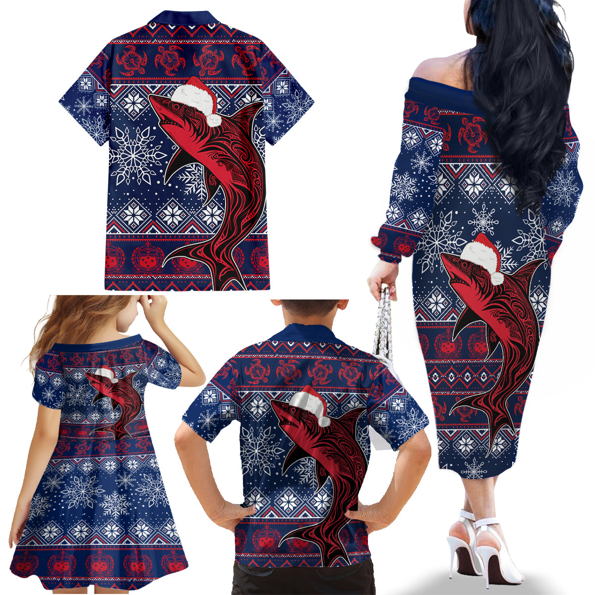 Samoa Manuia Le Kirisimasi Family Matching Off Shoulder Long Sleeve Dress and Hawaiian Shirt Samoan Fishing Tribal Pattern Christmas Vibe LT9 - Polynesian Pride