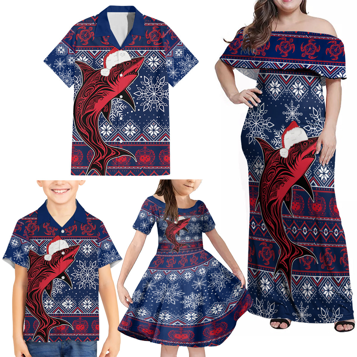Samoa Manuia Le Kirisimasi Family Matching Off Shoulder Maxi Dress and Hawaiian Shirt Samoan Fishing Tribal Pattern Christmas Vibe LT9 - Polynesian Pride