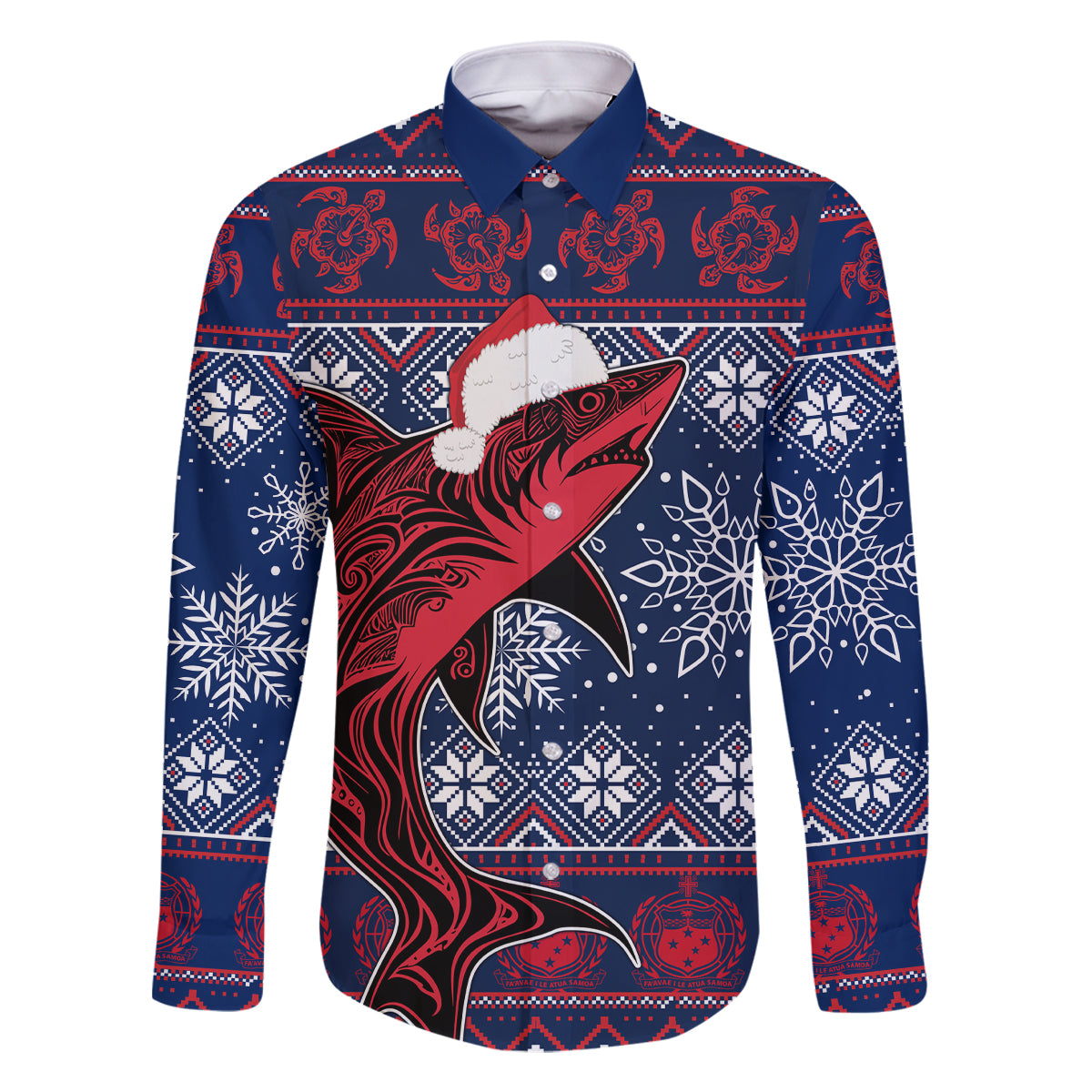 Samoa Manuia Le Kirisimasi Family Matching Off Shoulder Short Dress and Hawaiian Shirt Samoan Fishing Tribal Pattern Christmas Vibe LT9 Dad's Shirt - Long Sleeve Red - Polynesian Pride