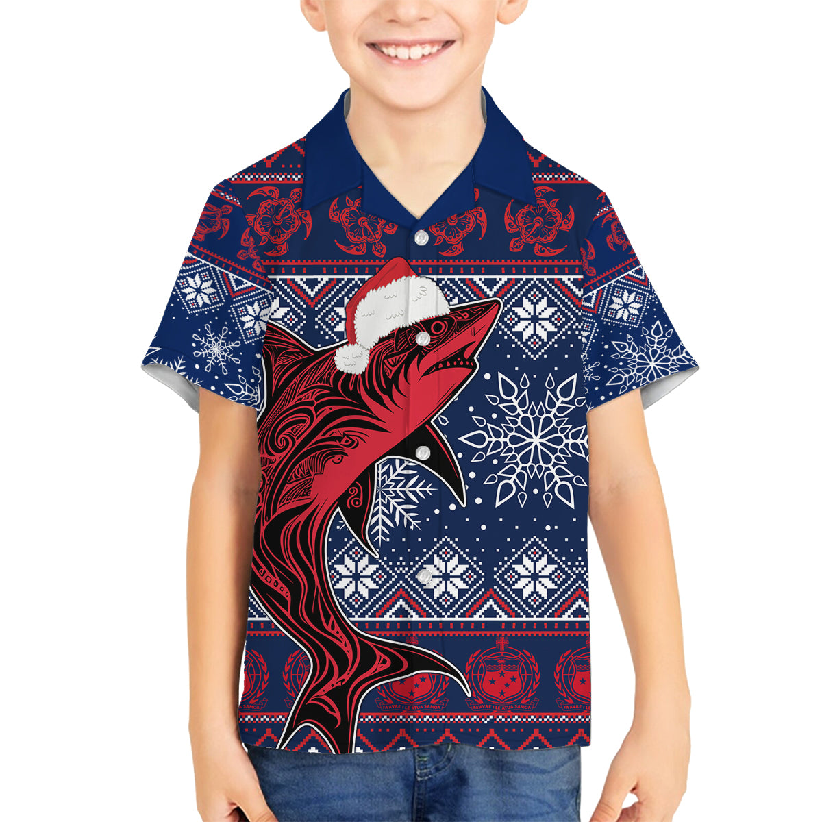 Samoa Manuia Le Kirisimasi Family Matching Off Shoulder Short Dress and Hawaiian Shirt Samoan Fishing Tribal Pattern Christmas Vibe LT9 Son's Shirt Red - Polynesian Pride