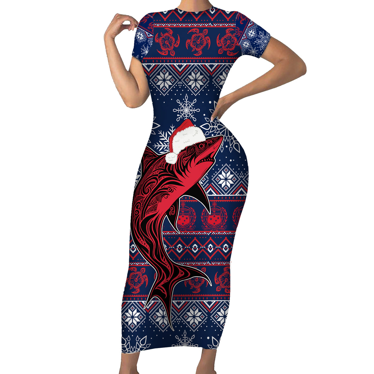 Samoa Manuia Le Kirisimasi Family Matching Short Sleeve Bodycon Dress and Hawaiian Shirt Samoan Fishing Tribal Pattern Christmas Vibe LT9 Mom's Dress Red - Polynesian Pride