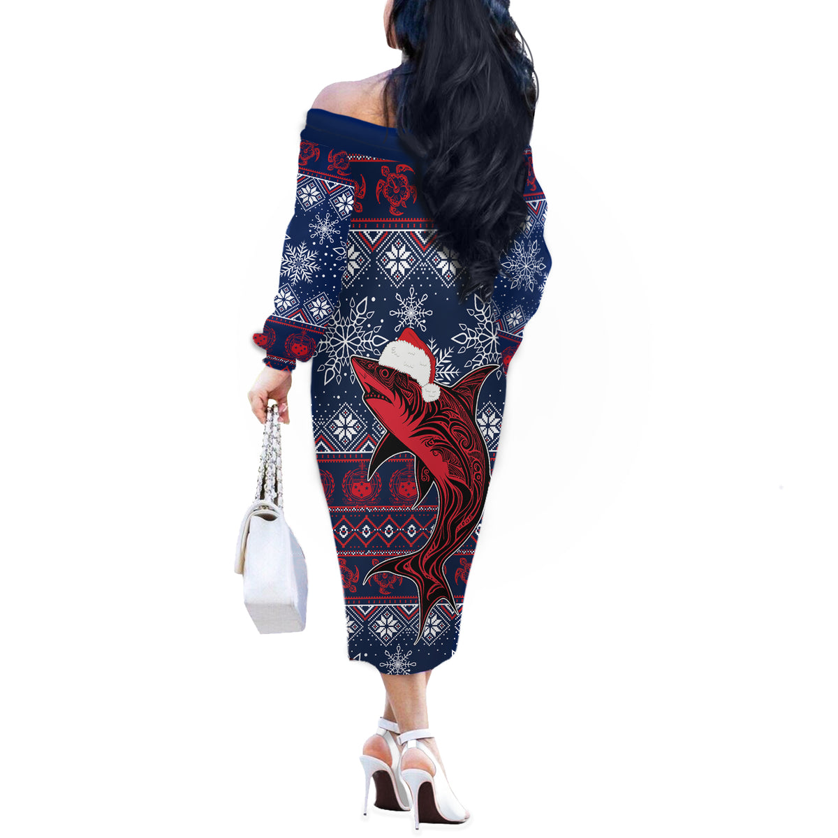 Samoa Manuia Le Kirisimasi Off The Shoulder Long Sleeve Dress Samoan Fishing Tribal Pattern Christmas Vibe LT9 - Polynesian Pride