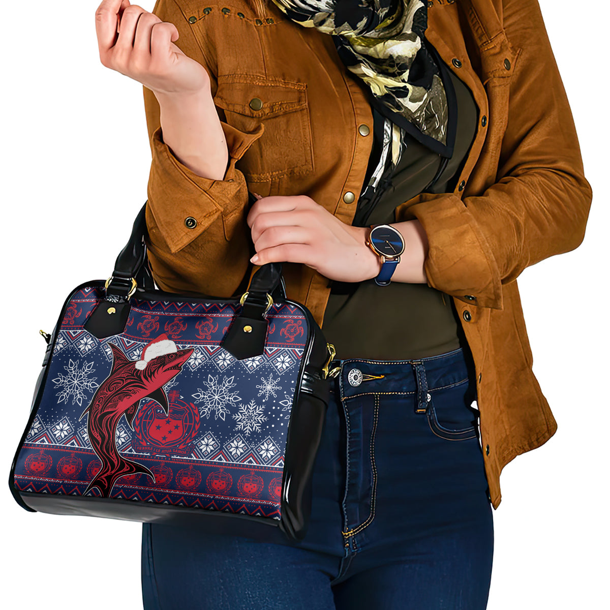 Samoa Manuia Le Kirisimasi Shoulder Handbag Samoan Fishing Tribal Pattern Christmas Vibe LT9 - Polynesian Pride