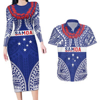 Personalised Toa Samoa Rugby Spirit Couples Matching Long Sleeve Bodycon Dress and Hawaiian Shirt Blue Samoan Tribal Pattern LT9 Blue - Polynesian Pride