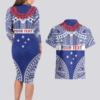 Personalised Toa Samoa Rugby Spirit Couples Matching Long Sleeve Bodycon Dress and Hawaiian Shirt Blue Samoan Tribal Pattern LT9 - Polynesian Pride