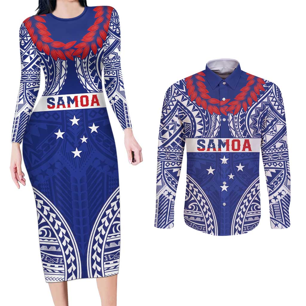 Personalised Toa Samoa Rugby Spirit Couples Matching Long Sleeve Bodycon Dress and Long Sleeve Button Shirt Blue Samoan Tribal Pattern LT9 Blue - Polynesian Pride