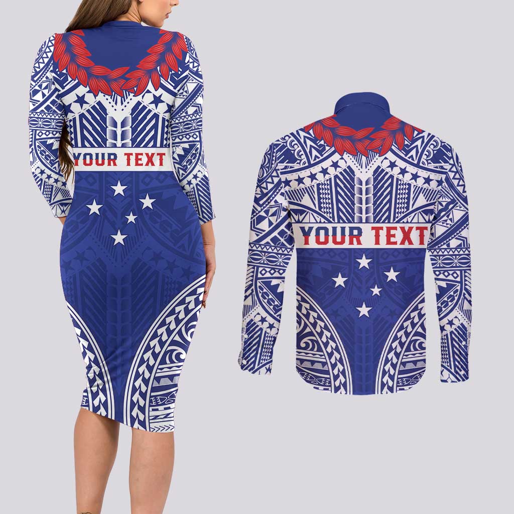 Personalised Toa Samoa Rugby Spirit Couples Matching Long Sleeve Bodycon Dress and Long Sleeve Button Shirt Blue Samoan Tribal Pattern LT9 - Polynesian Pride