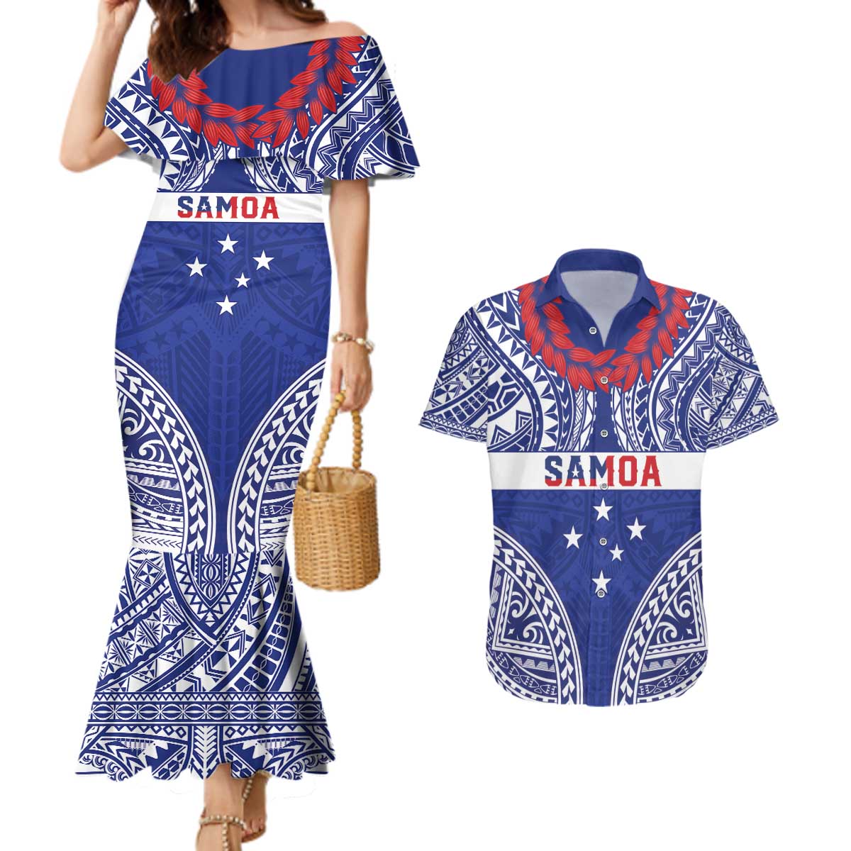 Personalised Toa Samoa Rugby Spirit Couples Matching Mermaid Dress and Hawaiian Shirt Blue Samoan Tribal Pattern LT9 Blue - Polynesian Pride