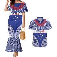 Personalised Toa Samoa Rugby Spirit Couples Matching Mermaid Dress and Hawaiian Shirt Blue Samoan Tribal Pattern LT9 Blue - Polynesian Pride