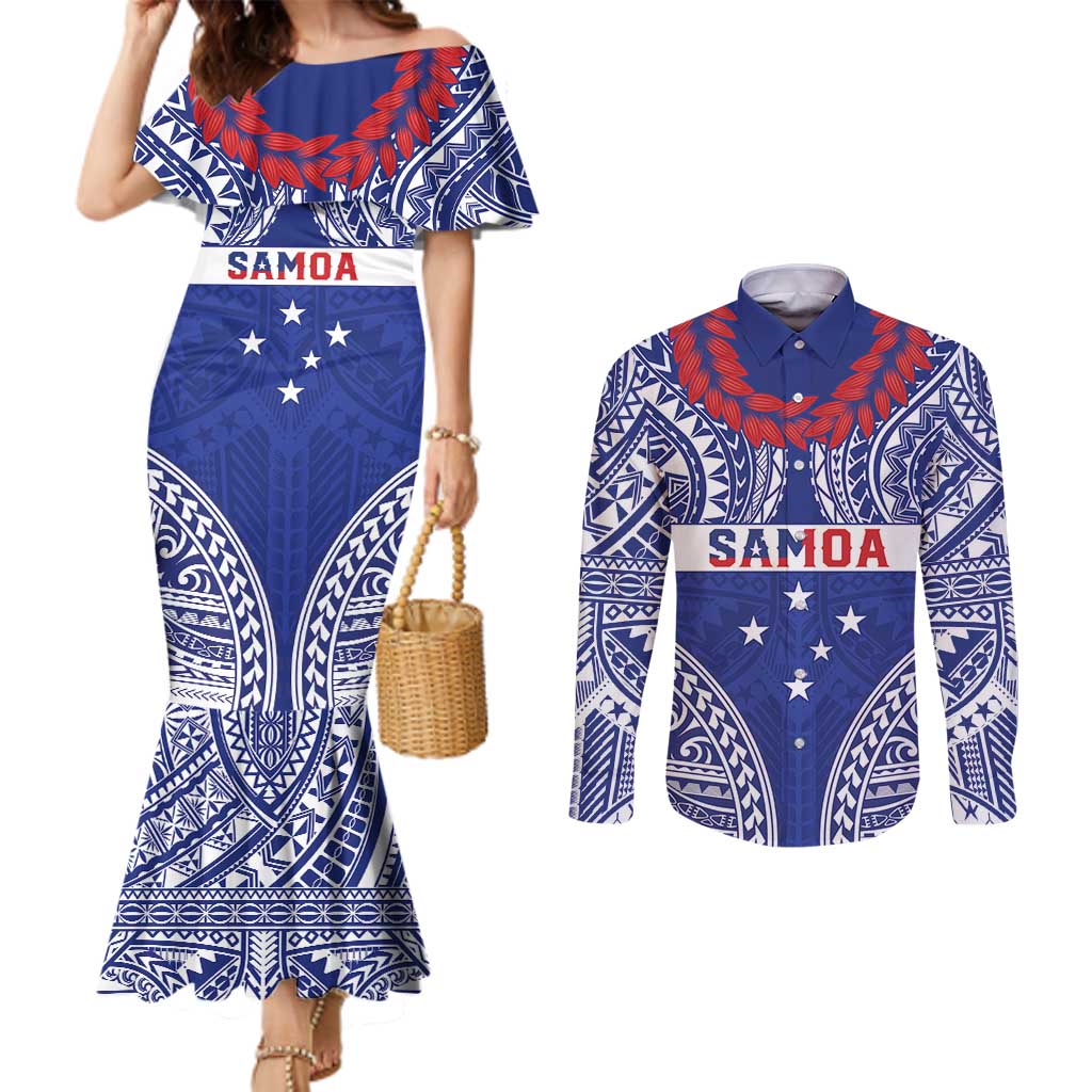 Personalised Toa Samoa Rugby Spirit Couples Matching Mermaid Dress and Long Sleeve Button Shirt Blue Samoan Tribal Pattern LT9 Blue - Polynesian Pride