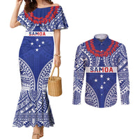 Personalised Toa Samoa Rugby Spirit Couples Matching Mermaid Dress and Long Sleeve Button Shirt Blue Samoan Tribal Pattern LT9 Blue - Polynesian Pride