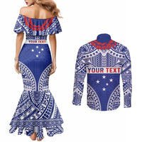 Personalised Toa Samoa Rugby Spirit Couples Matching Mermaid Dress and Long Sleeve Button Shirt Blue Samoan Tribal Pattern LT9 - Polynesian Pride