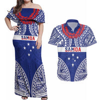 Personalised Toa Samoa Rugby Spirit Couples Matching Off Shoulder Maxi Dress and Hawaiian Shirt Blue Samoan Tribal Pattern LT9 Blue - Polynesian Pride
