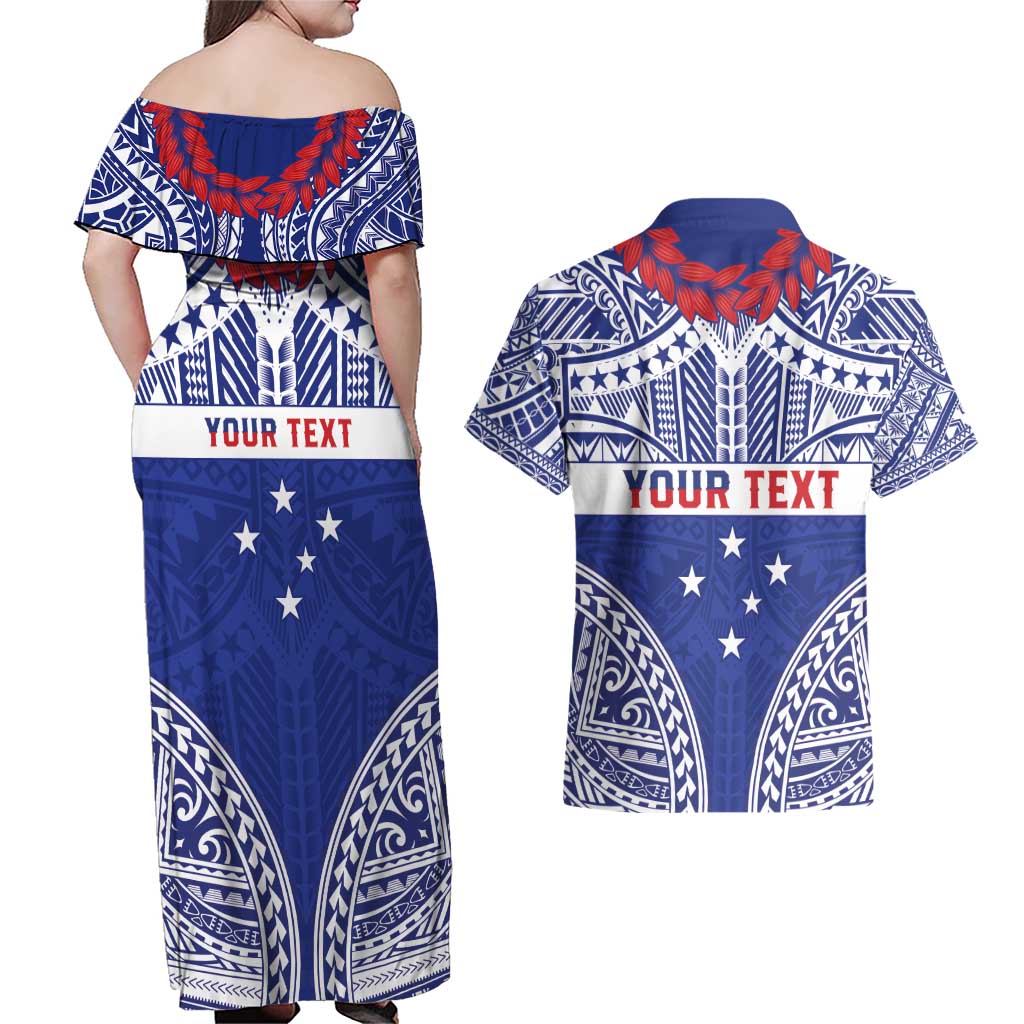 Personalised Toa Samoa Rugby Spirit Couples Matching Off Shoulder Maxi Dress and Hawaiian Shirt Blue Samoan Tribal Pattern LT9 - Polynesian Pride