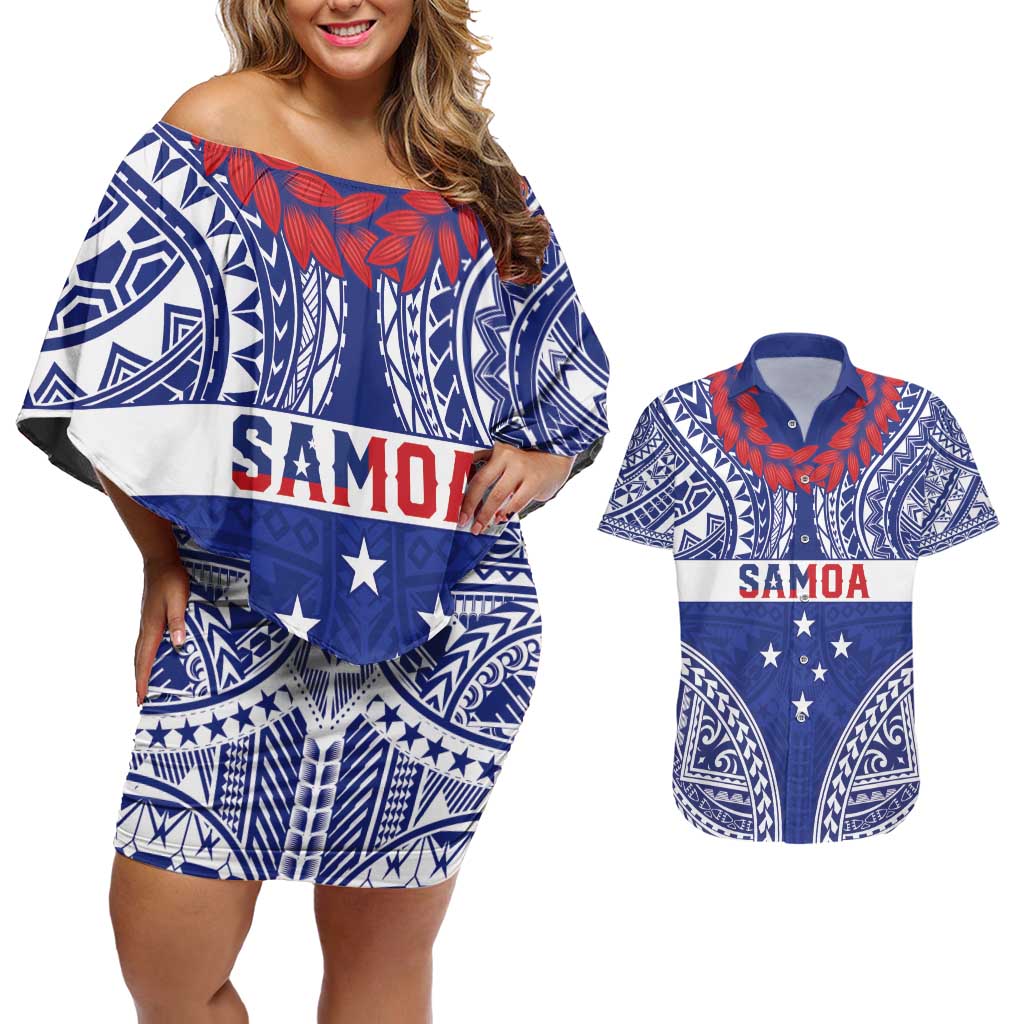 Personalised Toa Samoa Rugby Spirit Couples Matching Off Shoulder Short Dress and Hawaiian Shirt Blue Samoan Tribal Pattern LT9 Blue - Polynesian Pride