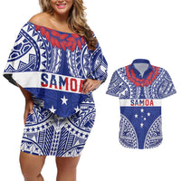 Personalised Toa Samoa Rugby Spirit Couples Matching Off Shoulder Short Dress and Hawaiian Shirt Blue Samoan Tribal Pattern LT9 Blue - Polynesian Pride