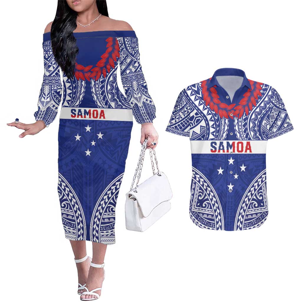 Personalised Toa Samoa Rugby Spirit Couples Matching Off The Shoulder Long Sleeve Dress and Hawaiian Shirt Blue Samoan Tribal Pattern LT9 Blue - Polynesian Pride