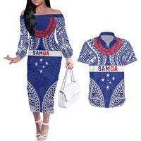 Personalised Toa Samoa Rugby Spirit Couples Matching Off The Shoulder Long Sleeve Dress and Hawaiian Shirt Blue Samoan Tribal Pattern LT9 Blue - Polynesian Pride