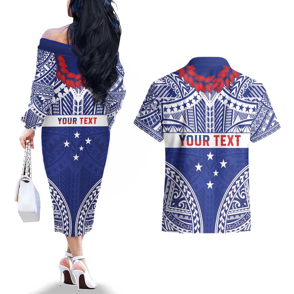 Personalised Toa Samoa Rugby Spirit Couples Matching Off The Shoulder Long Sleeve Dress and Hawaiian Shirt Blue Samoan Tribal Pattern LT9 - Polynesian Pride