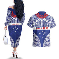 Personalised Toa Samoa Rugby Spirit Couples Matching Off The Shoulder Long Sleeve Dress and Hawaiian Shirt Blue Samoan Tribal Pattern LT9 - Polynesian Pride