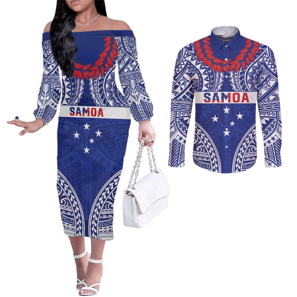 Personalised Toa Samoa Rugby Spirit Couples Matching Off The Shoulder Long Sleeve Dress and Long Sleeve Button Shirt Blue Samoan Tribal Pattern LT9 Blue - Polynesian Pride