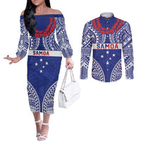Personalised Toa Samoa Rugby Spirit Couples Matching Off The Shoulder Long Sleeve Dress and Long Sleeve Button Shirt Blue Samoan Tribal Pattern LT9 Blue - Polynesian Pride