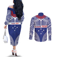 Personalised Toa Samoa Rugby Spirit Couples Matching Off The Shoulder Long Sleeve Dress and Long Sleeve Button Shirt Blue Samoan Tribal Pattern LT9 - Polynesian Pride