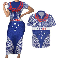 Personalised Toa Samoa Rugby Spirit Couples Matching Short Sleeve Bodycon Dress and Hawaiian Shirt Blue Samoan Tribal Pattern LT9 Blue - Polynesian Pride