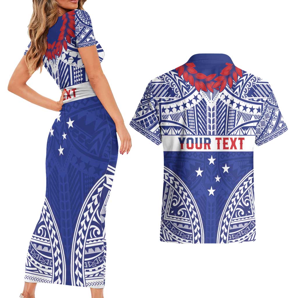 Personalised Toa Samoa Rugby Spirit Couples Matching Short Sleeve Bodycon Dress and Hawaiian Shirt Blue Samoan Tribal Pattern LT9 - Polynesian Pride