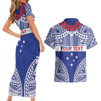 Personalised Toa Samoa Rugby Spirit Couples Matching Short Sleeve Bodycon Dress and Hawaiian Shirt Blue Samoan Tribal Pattern LT9 - Polynesian Pride