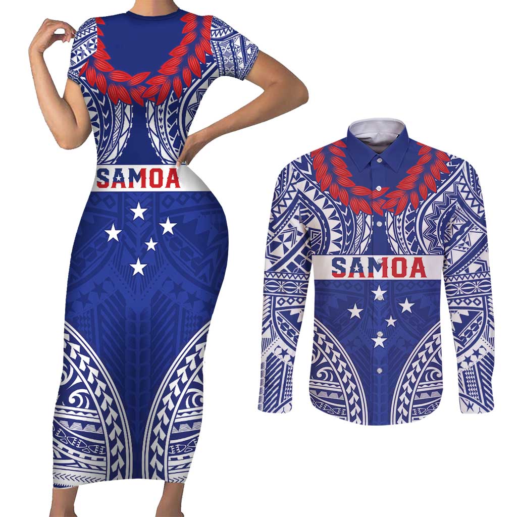 Personalised Toa Samoa Rugby Spirit Couples Matching Short Sleeve Bodycon Dress and Long Sleeve Button Shirt Blue Samoan Tribal Pattern LT9 Blue - Polynesian Pride