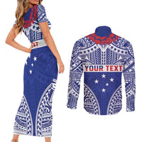Personalised Toa Samoa Rugby Spirit Couples Matching Short Sleeve Bodycon Dress and Long Sleeve Button Shirt Blue Samoan Tribal Pattern LT9 - Polynesian Pride