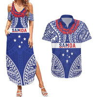 Personalised Toa Samoa Rugby Spirit Couples Matching Summer Maxi Dress and Hawaiian Shirt Blue Samoan Tribal Pattern LT9 Blue - Polynesian Pride