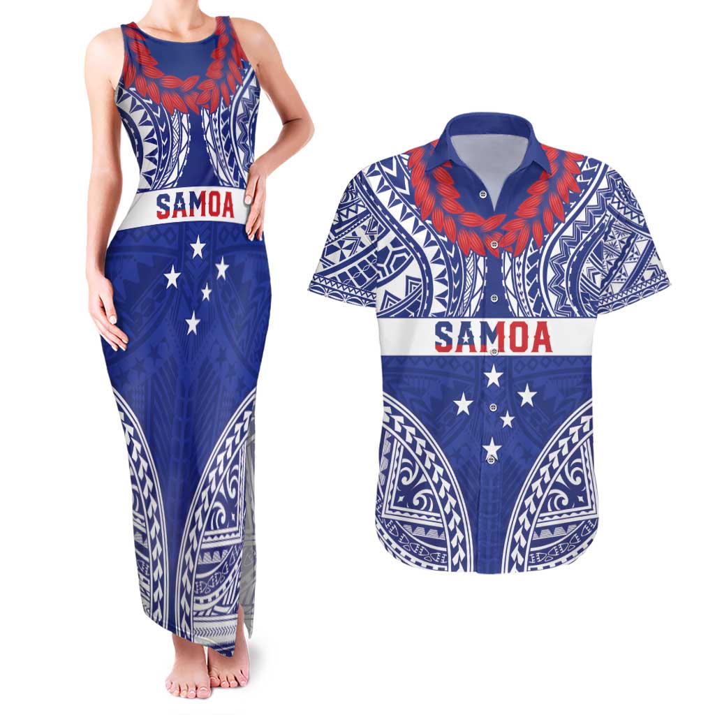 Personalised Toa Samoa Rugby Spirit Couples Matching Tank Maxi Dress and Hawaiian Shirt Blue Samoan Tribal Pattern LT9 Blue - Polynesian Pride