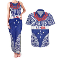 Personalised Toa Samoa Rugby Spirit Couples Matching Tank Maxi Dress and Hawaiian Shirt Blue Samoan Tribal Pattern LT9 Blue - Polynesian Pride