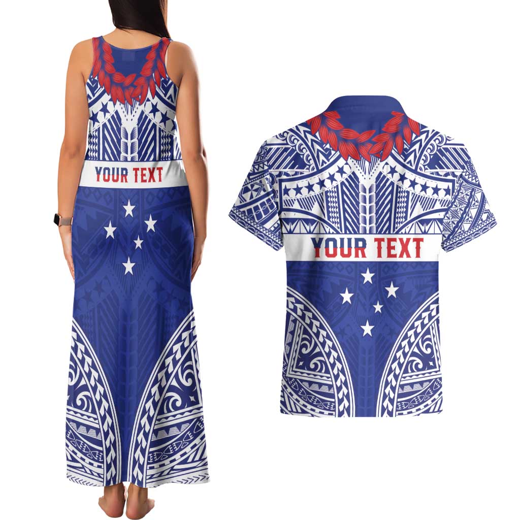 Personalised Toa Samoa Rugby Spirit Couples Matching Tank Maxi Dress and Hawaiian Shirt Blue Samoan Tribal Pattern LT9 - Polynesian Pride