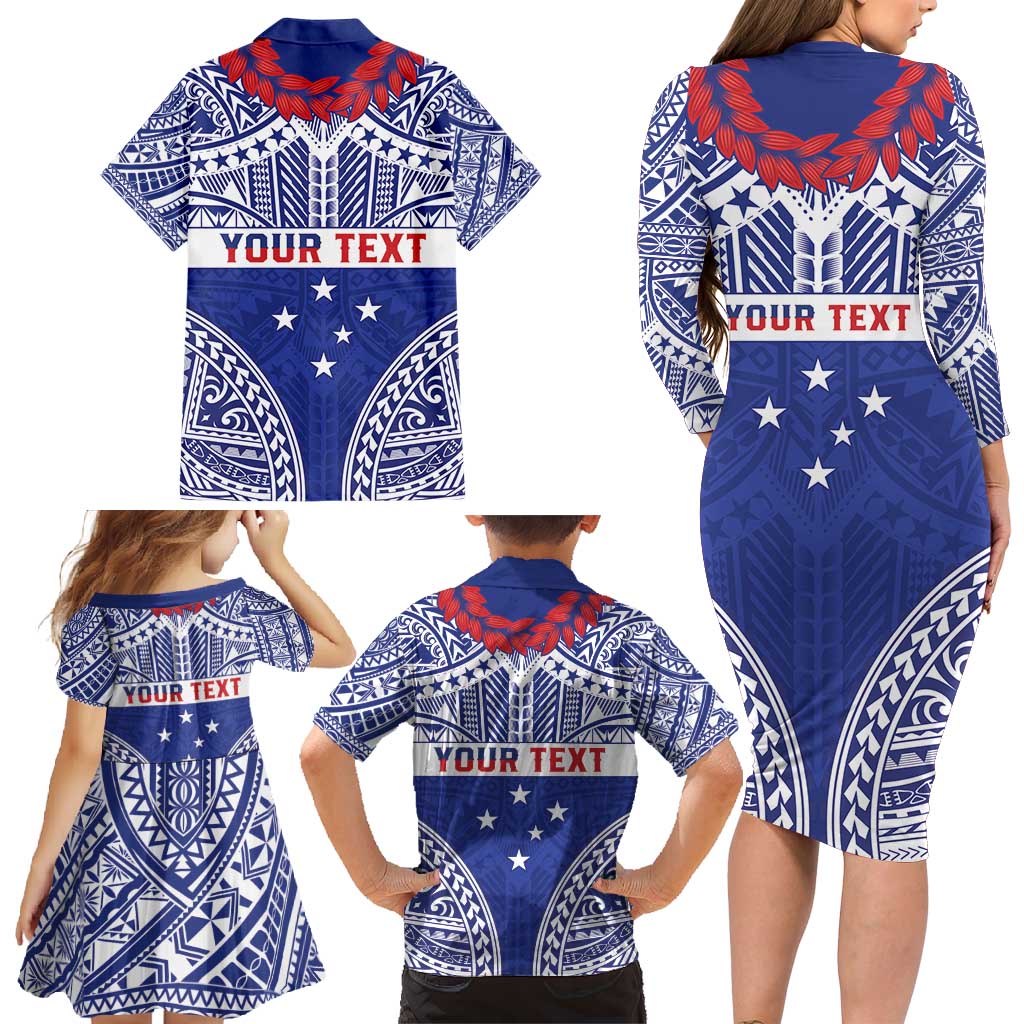 Personalised Toa Samoa Rugby Spirit Family Matching Long Sleeve Bodycon Dress and Hawaiian Shirt Blue Samoan Tribal Pattern LT9 - Polynesian Pride