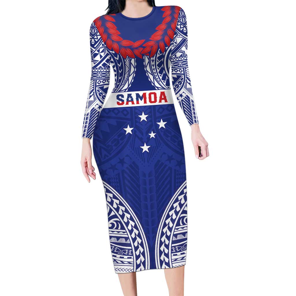 Personalised Toa Samoa Rugby Spirit Family Matching Long Sleeve Bodycon Dress and Hawaiian Shirt Blue Samoan Tribal Pattern LT9 Mom's Dress Blue - Polynesian Pride