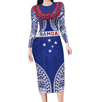 Personalised Toa Samoa Rugby Spirit Family Matching Long Sleeve Bodycon Dress and Hawaiian Shirt Blue Samoan Tribal Pattern LT9 Mom's Dress Blue - Polynesian Pride