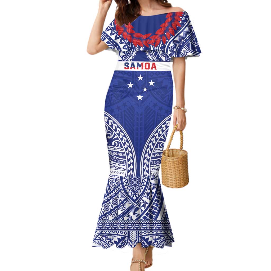 Personalised Toa Samoa Rugby Spirit Family Matching Mermaid Dress and Hawaiian Shirt Blue Samoan Tribal Pattern LT9 Mom's Dress Blue - Polynesian Pride