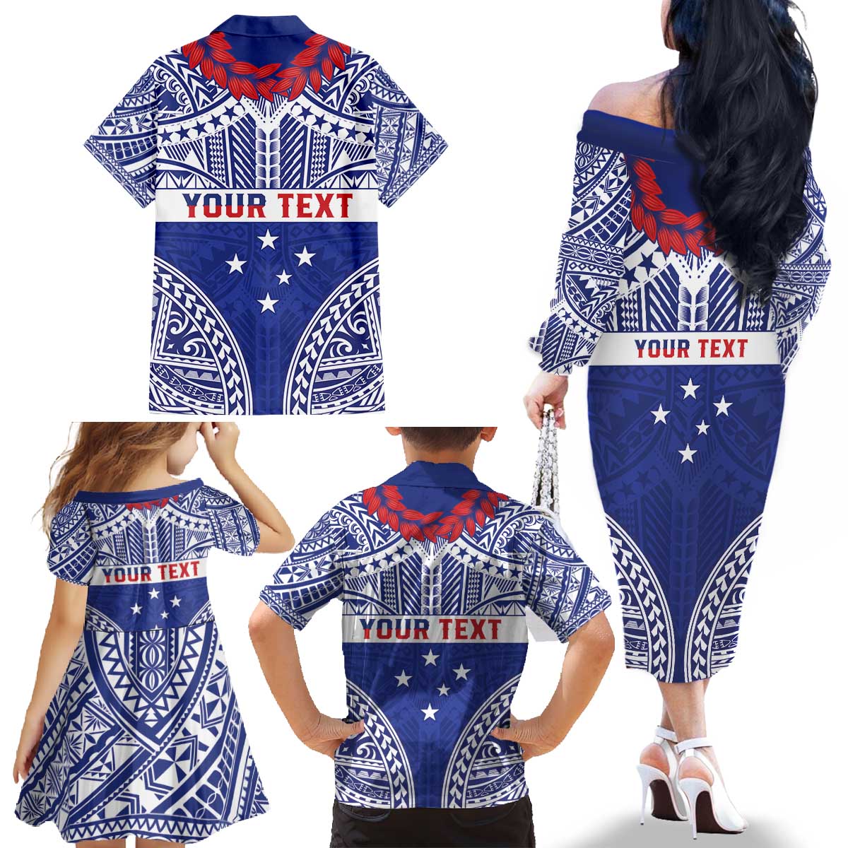 Personalised Toa Samoa Rugby Spirit Family Matching Off The Shoulder Long Sleeve Dress and Hawaiian Shirt Blue Samoan Tribal Pattern LT9 - Polynesian Pride
